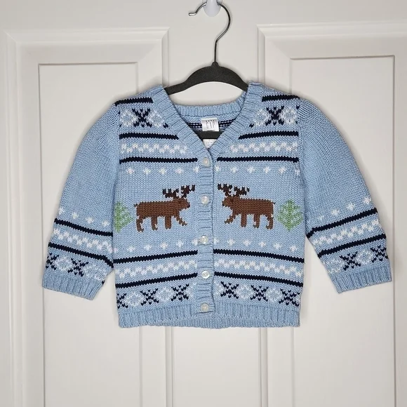 Baby Gap Light Blue Reindeer Cardigan Size 6-12 months