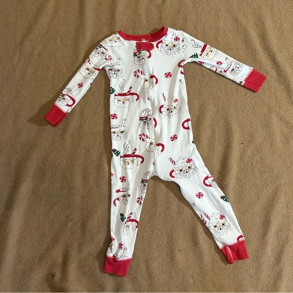 EUC The Beaufort Bonnet Co. Santa mug one piece zip up pajama size 2t