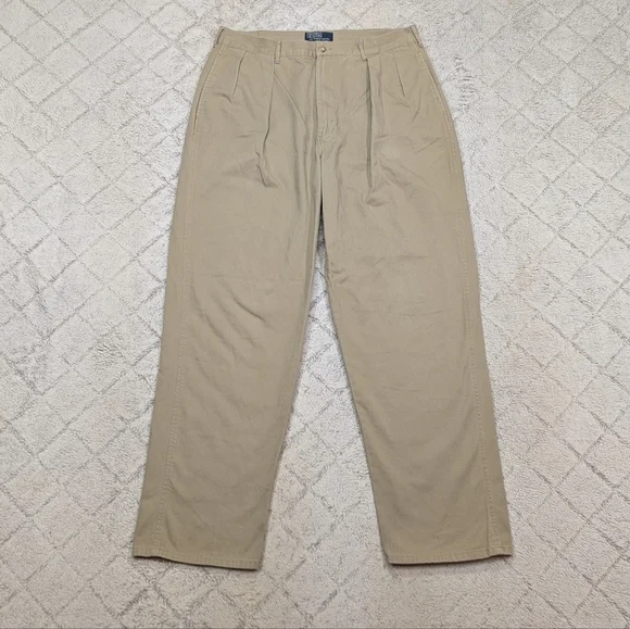 Vtg Polo Ralph Lauren Pants Mens 34x31 Beige Chino Pleated Cotton Twill 90s Prep