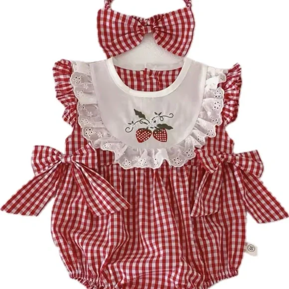 New Red Gingham Baby Girl’s Romper with Bow Headband 3 months