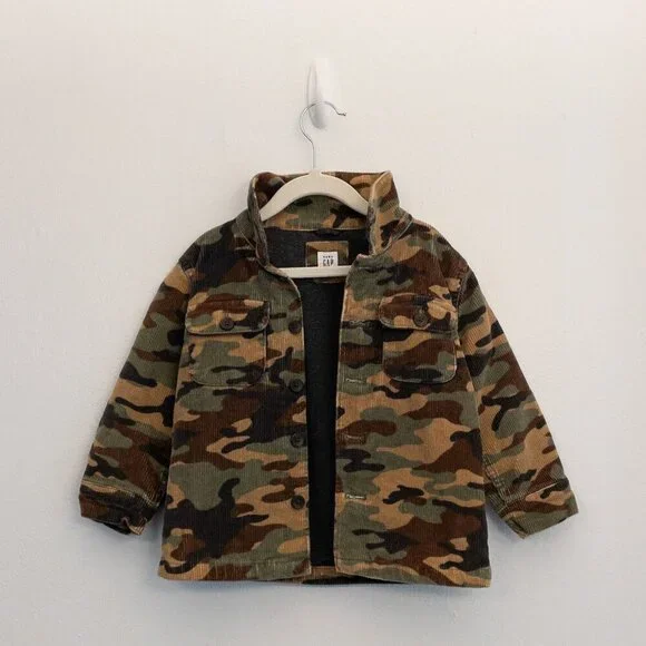 GAP Kids Camo Corduroy Jacket 3T Toddler Boys Green Brown Button Front Fall