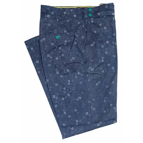 Mens Gurkha Pants 38 Blue Floral Cotton Denim Trousers Straight Fit Flat Front