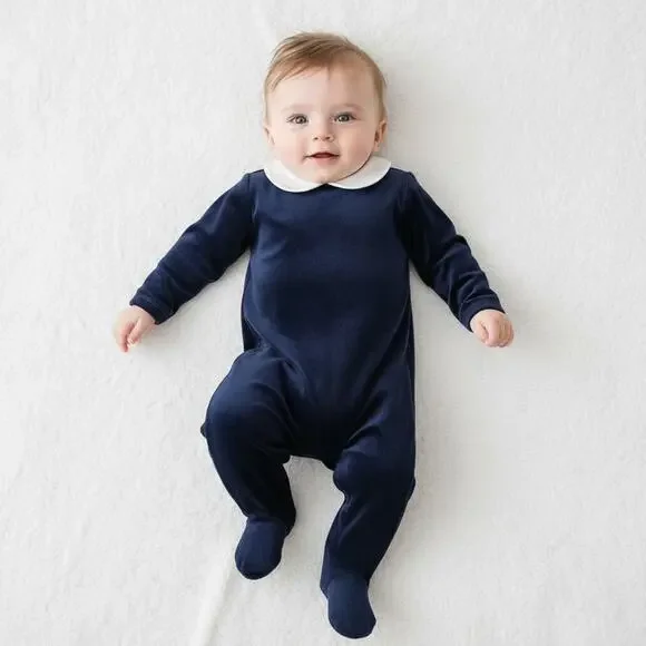 Edgehill Collection Baby Boy Navy Velour Footed Romper Sz NB Peter Pan Collar