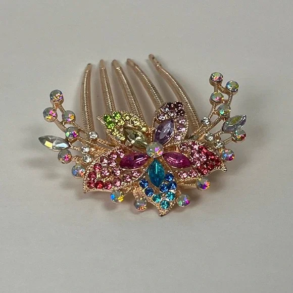 Rhinestone Hair Comb Gold Tone Flower Floral Jeweled Hair Accessory Bridal‎ Prom