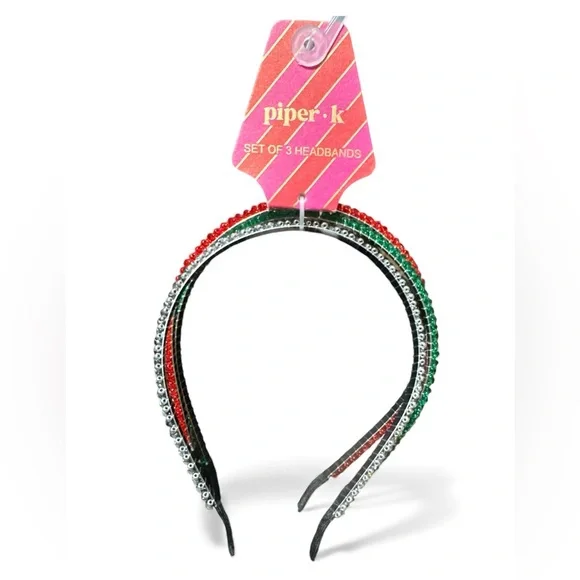 Piper K Holiday Rhinestone Headbands Set of 3 – Red Green Silver