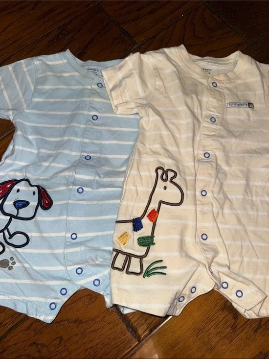 Carter's Blue & Cream Striped Baby One-Piece Bodysuits with Animal Appliqués