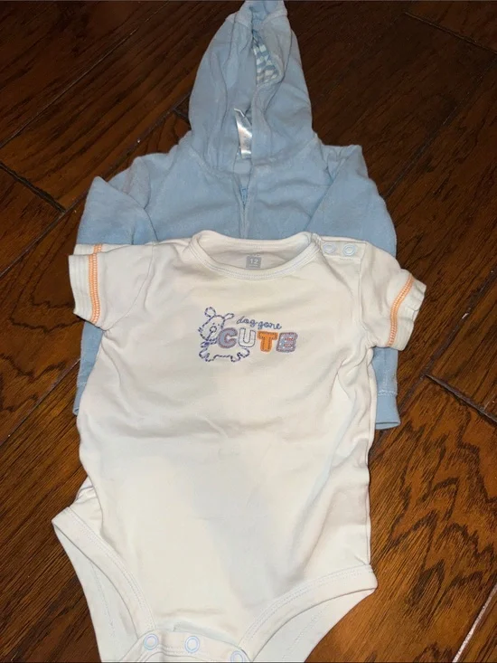 Baby Short-Sleeve One-Piece Bodysuit and a blue zipper sweater