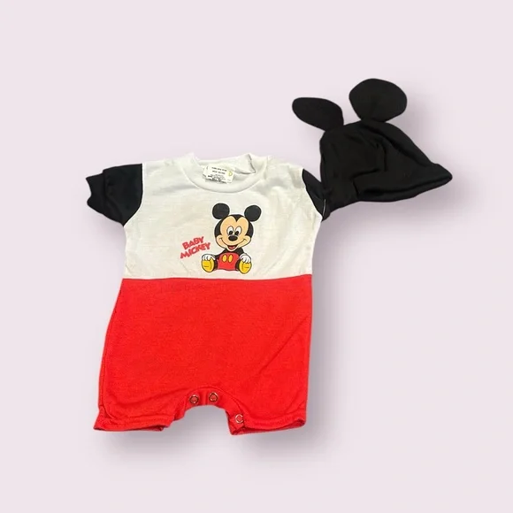 Vintage Disney Babies Mickey Mouse Red and Black Baby Romper With Hat Sz 3-6 Mon