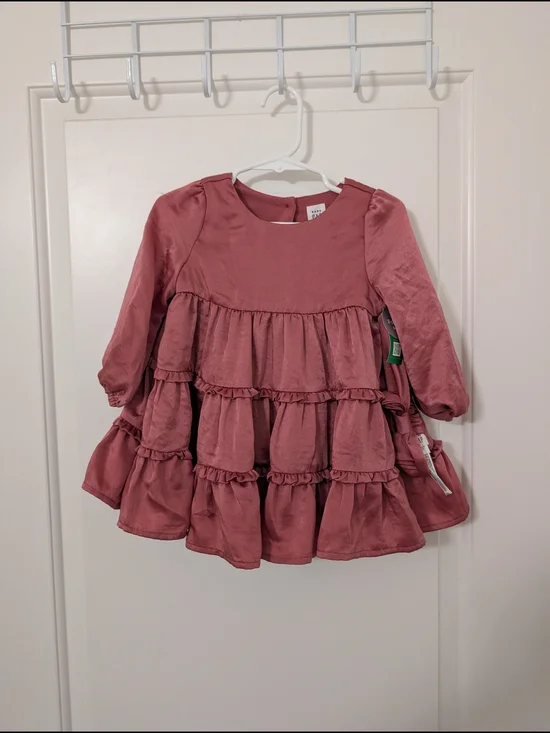 NWT Baby Gap Holiday Pink Satin Tiered Ruffle Dress With Matching Headband