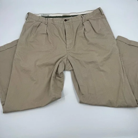 Orvis Pleated Chinos Mens 42 Khaki Tan Cotton Twill Straight Leg Cuffed Pants