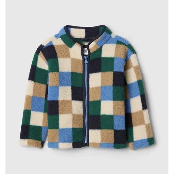 Baby Gap Fleece Jacket 3 Years Green Blue Plaid Buffalo Check Zip Cozy Sherpa
