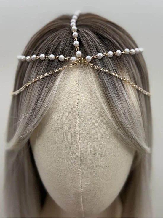 Pearl & Rhinestone Gold Head Chain Bridal Headpiece Boho Goddess Hair Jewelry