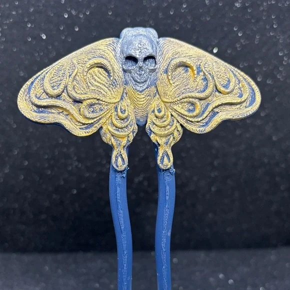 Gothic Moth Skull Hair Pin Blue & Gold Death Moth Fantasy Hair Accessory