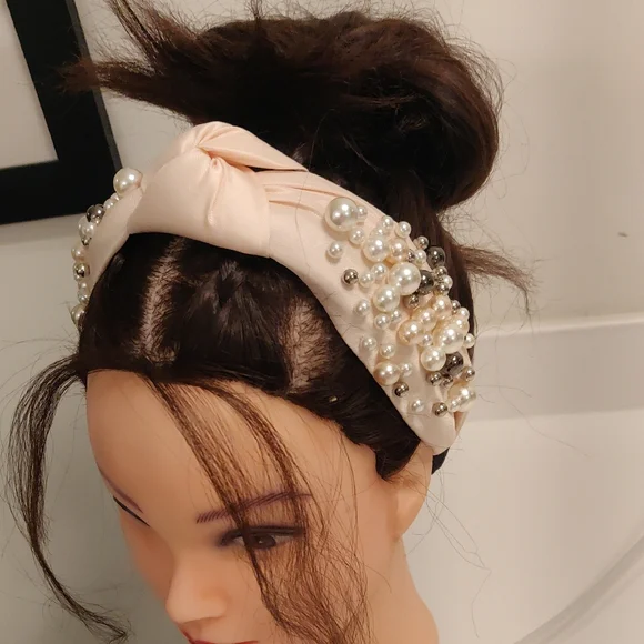 Elegant Faux Pearl-Studded Cream Headband Vintage Inspired Y2k Trendy Cottagecor