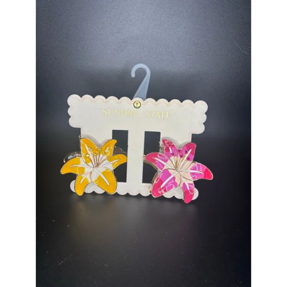 NWT Sunday State women's Yellow and Fuschia Lily Flower Large Metal Hair Clips