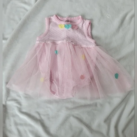 Bon Bebe pink tulle & hearts sleeveless romper dress 3-6m