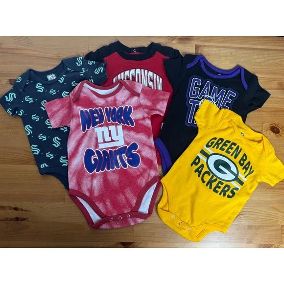 New Infant Boys' Sports Team Bodysuit Bundle of 5 Size 0-3 & 3-6 Months