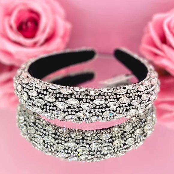 Natasha Couture Headband Black Silver Velvet Fancy Crystal Embellished Holiday