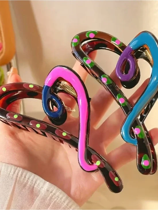 Large Heart Shaped Hair Claw Clip Pink & Green Accents - Women’s Hair Accessory