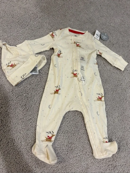 GAP Cream Footed One-Piece with Reindeer Print
