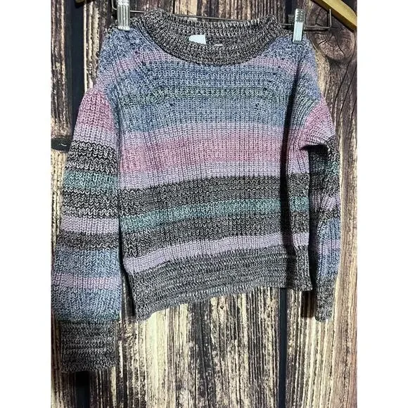 Gap Kids Girl Sweater Sz 6 7 Knit Neutral Long Sleeves Stripped Cotton Crew