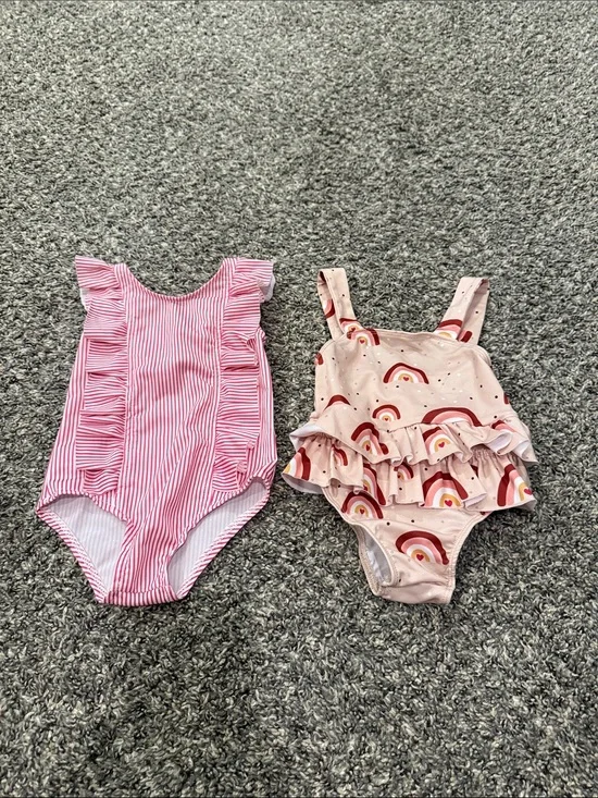 Girls Pink Stripe & Rainbow Ruffle One-Piece Swimsuits