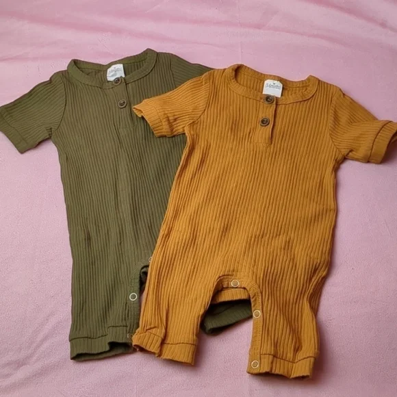 2 Pack Short Sleeve Olive Green and Mustard Yellow Baby One Pieces 3-6 Months