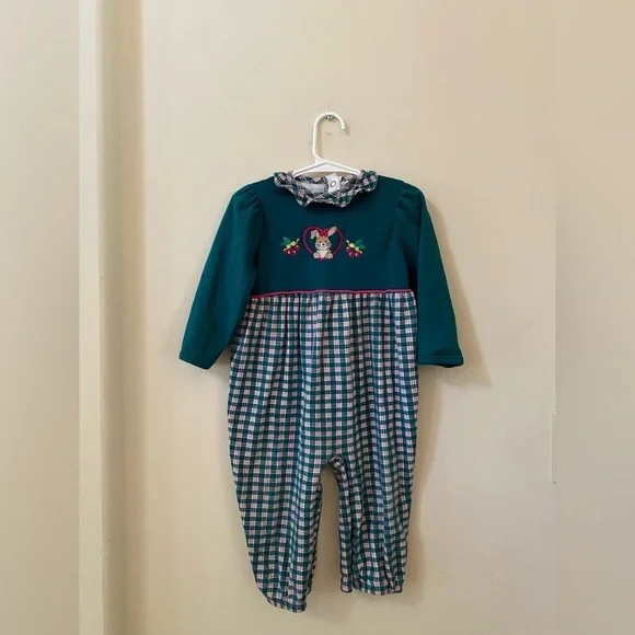 Vintage Healthtex Jumper 24 MO Embroidered Bunny Plaid Collar 100% Cotton