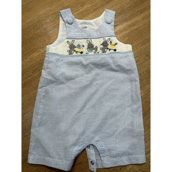 Mud Pie Baby 9-12 Month Smocked Easter Overalls Seersucker Preppy Bunny Bunnies