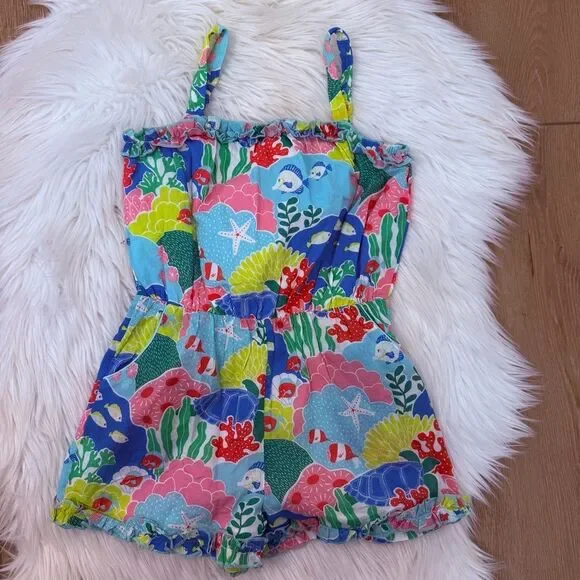 Mini Boden Floral & Ocean Print Romper in Blue, Green, Yellow, Pink - Size 6-7