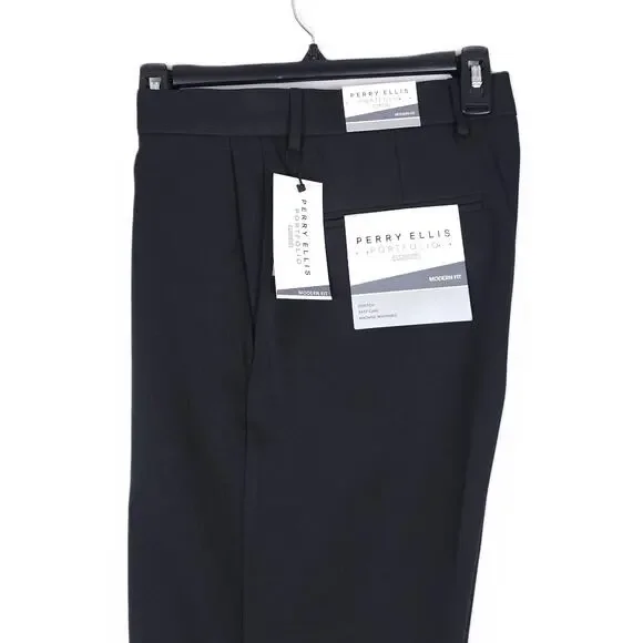 Perry Ellis Portfolio Mens Modern Fit Dress Pant 32x30 Black Solid Stretch Twill