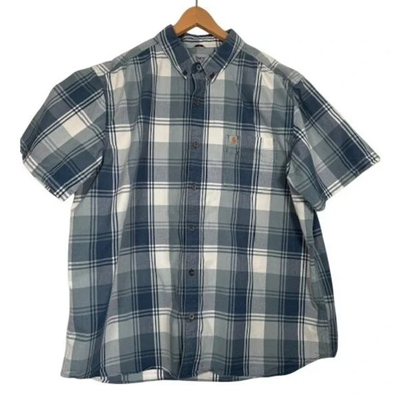 Carhartt Men's Blue Plaid Short Sleeve Button Up Shirt Size 2XL