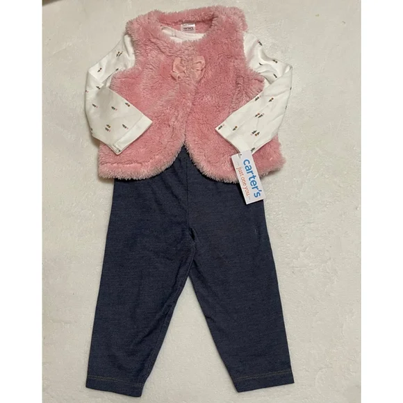 Girls Carter's Matching Set 12 Months Pink Vest White Bodysuit Blue Pants