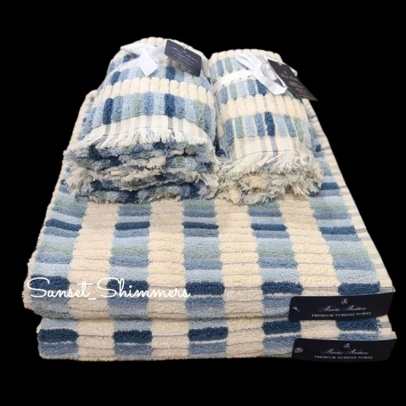 6pc BROOKS BROTHERS Blue Ombre Mosaic Tile THICK PLUSH Luxury TURKISH Towel Set