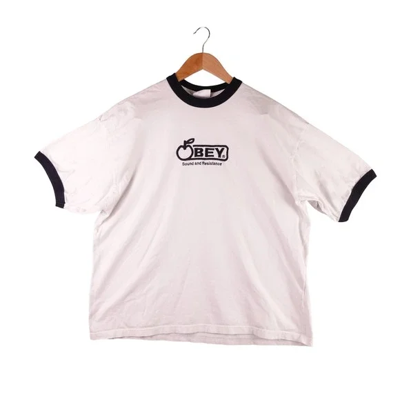Obey Sound and Resistance Ringer T-Shirt Mens Large White Black Logo Graphic