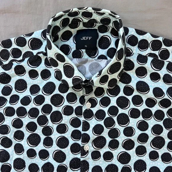 JEFF‎ Mens Oreo Cookie Print Button Up Shirt XL Light Blue Short Sleeve Cotton
