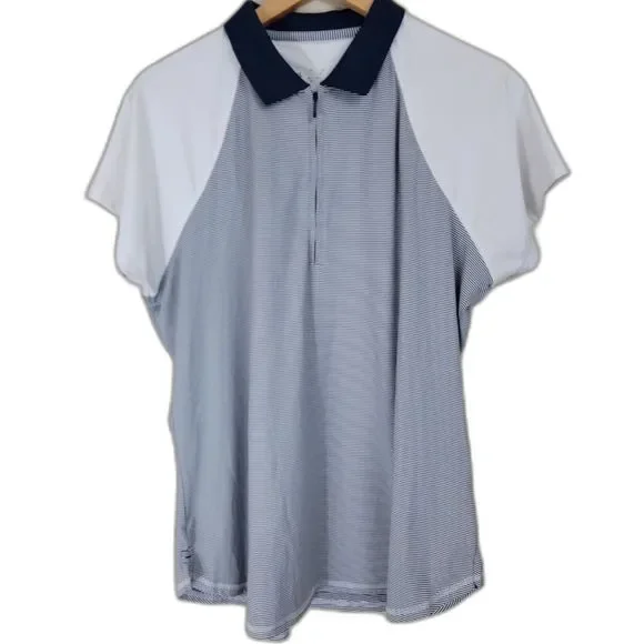 Navy Blue & White UPF Sun Protection PETER MILLAR Short Sleeve Zip Polo Shirt