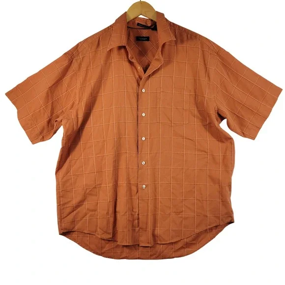 Van Heusen Button Down Shirt Mens XL Orange Windowpane Plaid Wrinkle Free