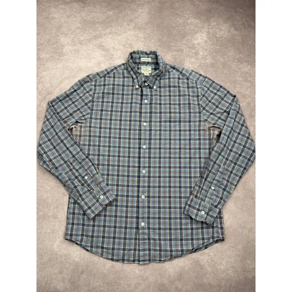J Crew Shirt Mens Medium Blue Plaid Slim Untucked Organic Cotton‎ Stretch Casual