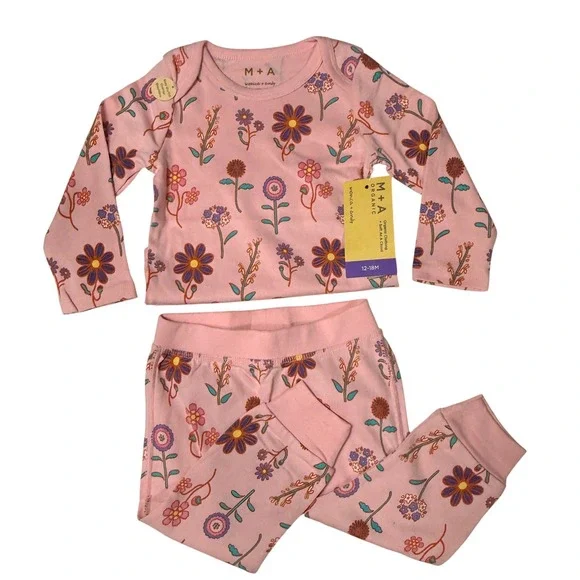 Monica + Andy Baby Girls Pajama Set Floral Organic 12-18M Pink Cotton Sleepwear