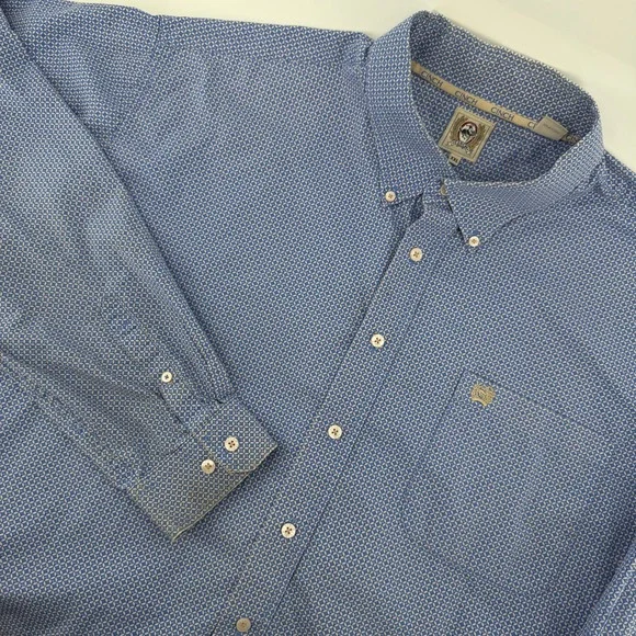 Cinch Button Down Shirt Mens XXL Blue Geometric Long Sleeve Cotton Pocket Rodeo