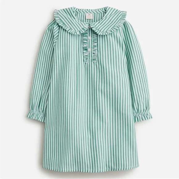 J.Crew Girls' Long-Sleeve Green Stripe Ruffle-Front Nightgown—S