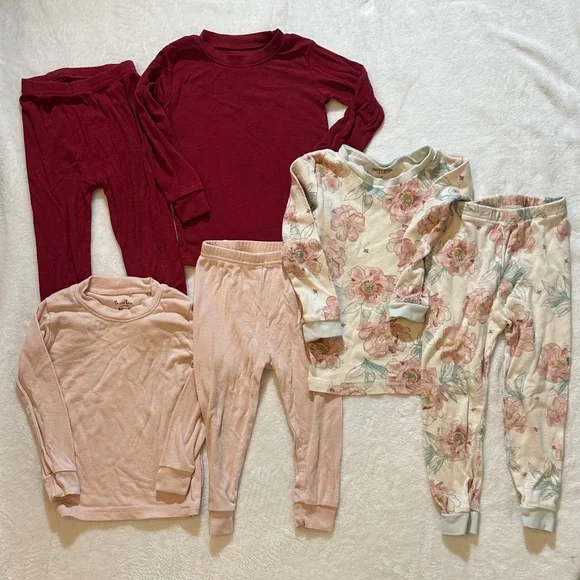 3 sets of children’s pajama sets red & pink solid & floral Burt’s bees