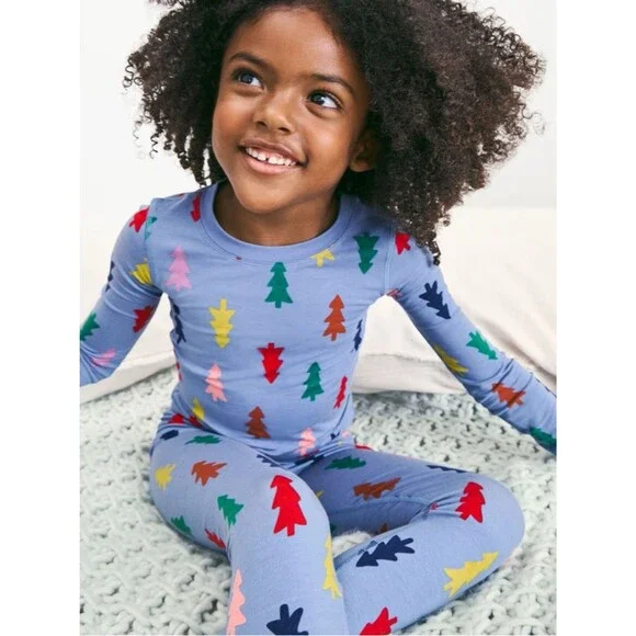 Hanna Andersson Holiday Hannasoft Pajama Set | Festive Forest Slate Blue | 12