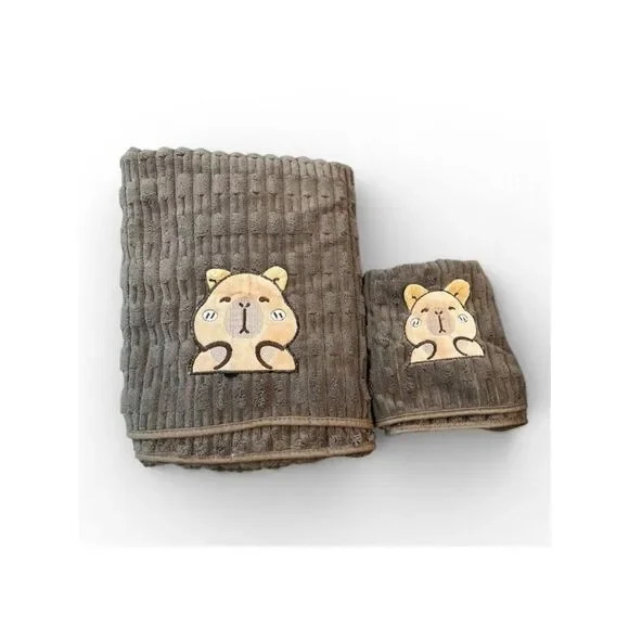 Capybara Bath And Hand Towels Applique Soft Brown Plush Fleece Bathroom Set New
