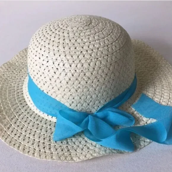 Floppy Wide Brim Summer Sun Beach Hat Natural Color Blue Ribbon Paper