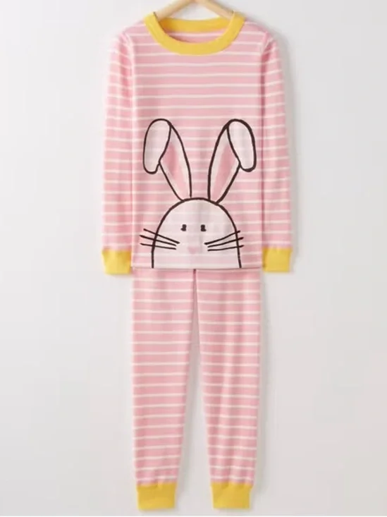 Hanna Andersson Pink Stripe Bunny Long Johns Easter Pajamas with Yellow Trim 3T