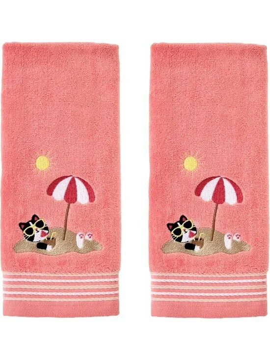 Coral Pink Cat Hand Towel Set - 2pc for Bath, Kitchen & Bar - Perfect Gift!