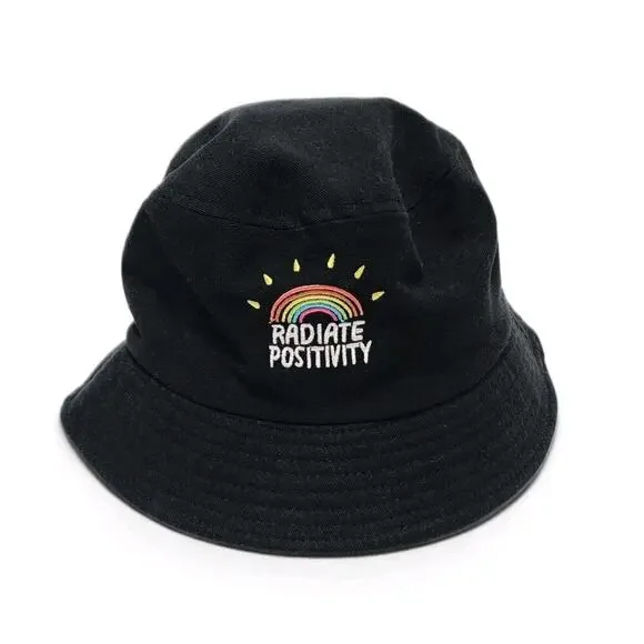 Tenshi “Radiate Positivity” Bucket Hat, Black, Cotton, Unisex Casual Accessory