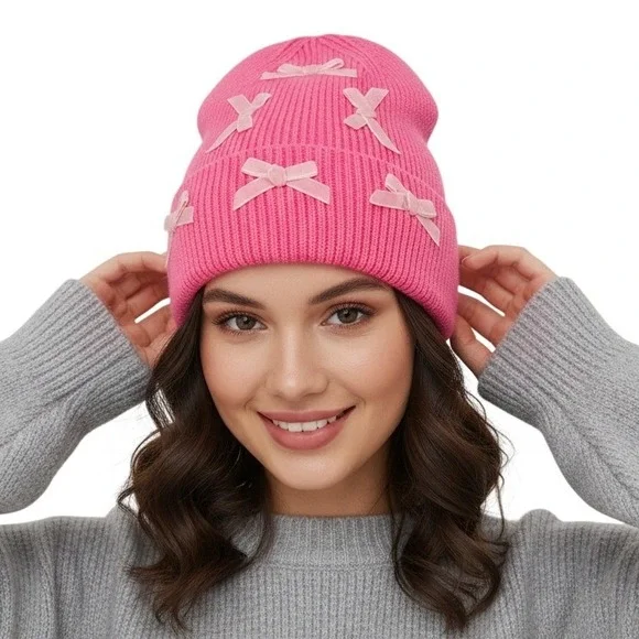 Simply Southern Preppy Solid‎ Pink COQUETTE Beanie Hat Bow Adorned NWT